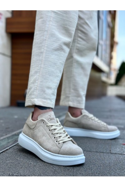 BA0547 BOA Kalın Yüksek Taban Krem Süet Bağcıklı Spor Erkek Ayakkabı