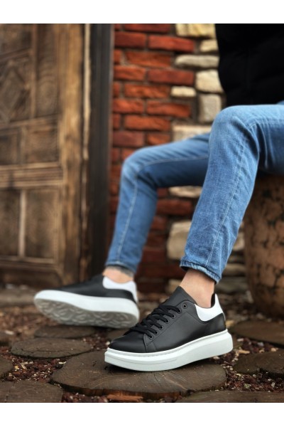 BA0547 BOA Kalın Yüksek Taban Siyah Beyaz Parça Detay Bağcıklı Spor Erkek Ayakkabı
