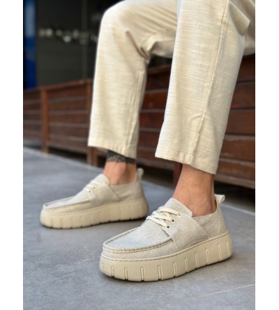 BA0676 BOA Krem Keten Yüksek Taban Erkek Yazlık Ayakkabı