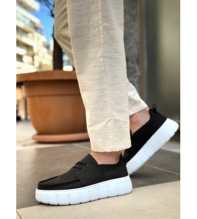 BA0676 BOA Siyah Keten Yüksek Beyaz Taban Erkek Yazlık Ayakkabı