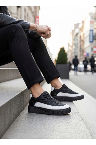 BA0801 BOA Yüksek Taban Siyah Paraşüt Kumaş Beyaz Cilt Detaylı Erkek Ayakkabı