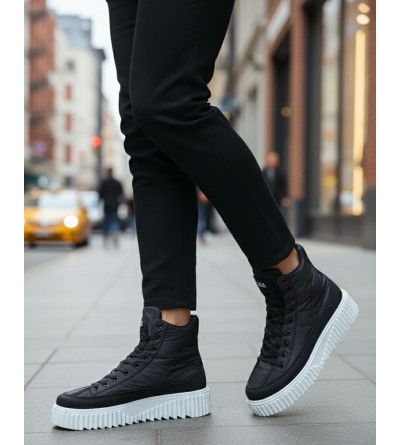 BA0811 BOA Yüksek Beyaz Taban Siyah Paraşüt Kumaş Cilt Detaylı Yarım Bilek Spor Bot 