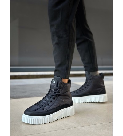 BA0811 BOA Yüksek Beyaz Taban Siyah Paraşüt Kumaş Cilt Detaylı Yarım Bilek Spor Bot 