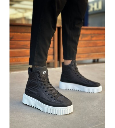 BA0811 BOA Yüksek Beyaz Taban Siyah Paraşüt Kumaş Cilt Detaylı Yarım Bilek Spor Bot 