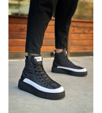 BA0811 BOA Yüksek Taban Siyah Paraşüt Kumaş Beyaz Cilt Detaylı Yarım Bilek Spor Bot 