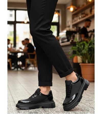 BA0243 Bağcıklı Rugan Paraşüt Detaylı Yüksek Siyah Taban Erkek Ayakkabı