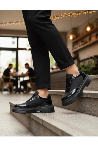 BA0243 Bağcıklı Rugan Paraşüt Detaylı Yüksek Siyah Taban Erkek Ayakkabı