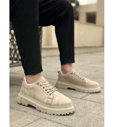 BA0245 Krem Süet Akıllı Lastik Bağcık Yüksek Taban Günlük Erkek Ayakkabı