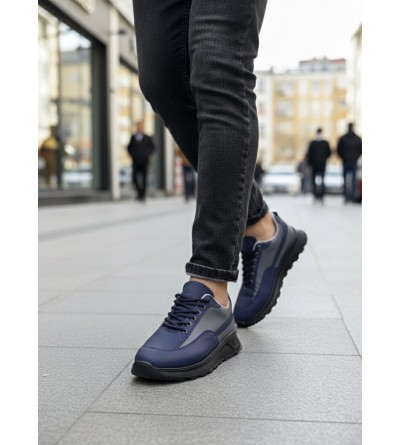 BA0246 Lacivert Gri Parçalı Bağcıklı Yüksek Taban Günlük Erkek Ayakkabı