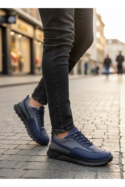 BA0246 Lacivert Gri Parçalı Bağcıklı Yüksek Taban Günlük Erkek Ayakkabı