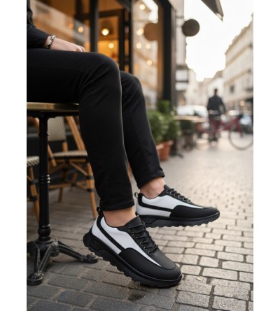 BA0246 Siyah Beyaz Parçalı Bağcıklı Yüksek Taban Günlük Erkek Ayakkabı