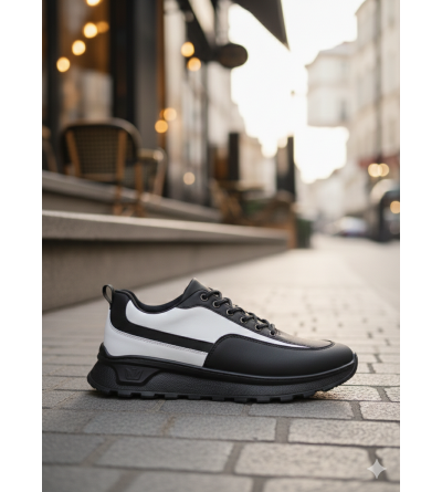 BA0246 Siyah Beyaz Parçalı Bağcıklı Yüksek Taban Günlük Erkek Ayakkabı