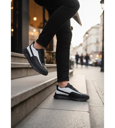 BA0246 Siyah Beyaz Parçalı Bağcıklı Yüksek Taban Günlük Erkek Ayakkabı