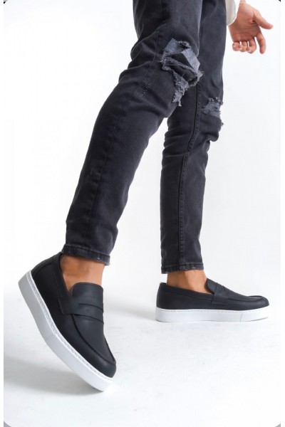 BA0580 Bağcıksız Kuşaklı Yüksek Siyah Beyaz Taban Erkek Ayakkabı