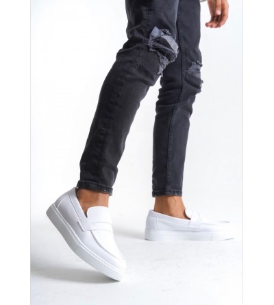 BA0580 Bağcıksız Kuşaklı Yüksek Taban Beyaz Cilt Erkek Ayakkabı