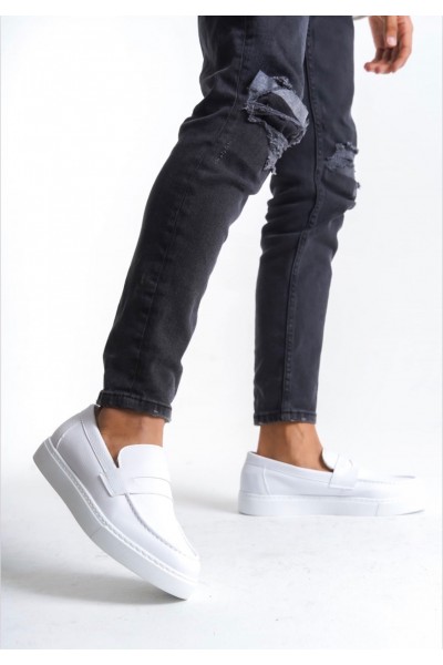 BA0580 Bağcıksız Kuşaklı Yüksek Taban Beyaz Cilt Erkek Ayakkabı