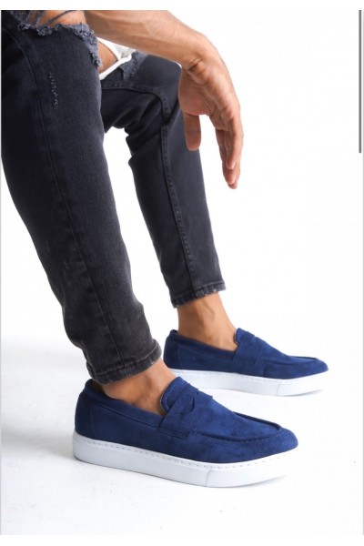 BA0580 Bağcıksız Kuşaklı Yüksek Taban Lacivert Süet Erkek Ayakkabı