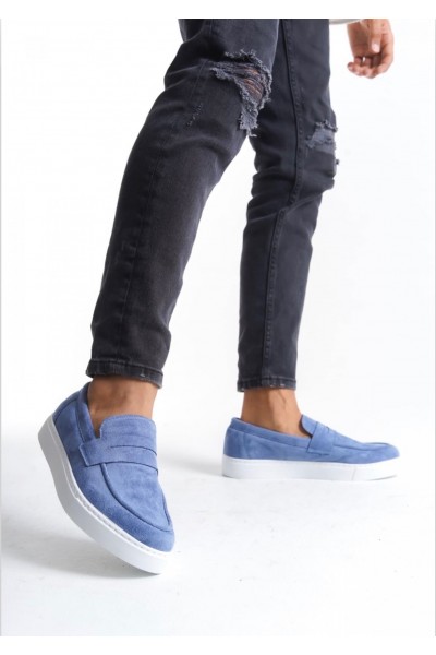 BA0580 Bağcıksız Kuşaklı Yüksek Taban Mavi Süet Erkek Ayakkabı