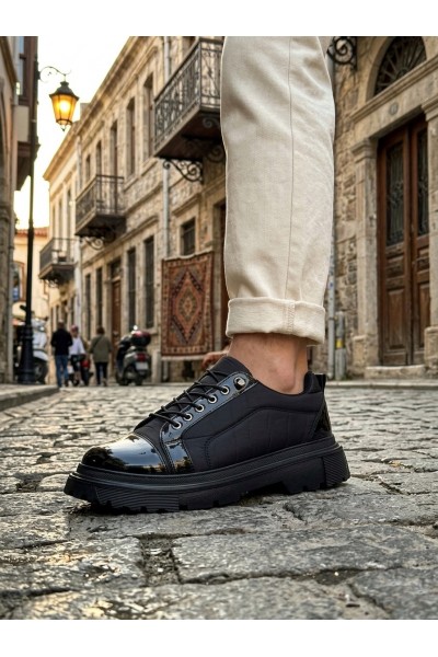 BA0245 Siyah Rugan Paraşüt Detaylı Akıllı Lastik Bağcık Yüksek Taban Günlük Erkek Ayakkabı