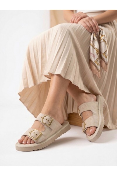 Yazlık Kadın Bej İnce Taban Tokalı Terlik