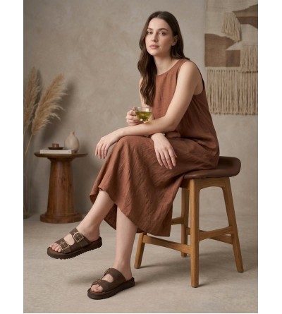 Yazlık Kadın Kahverengi İnce Taban Tokalı Terlik