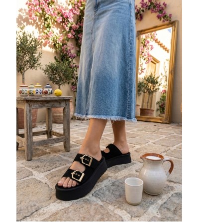 Yazlık Kadın Siyah Platform Taban Tokalı Terlik