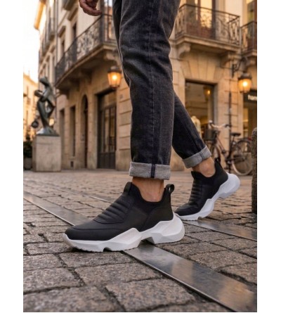 BA0402 Bağcıksız Rahat Yüksek Taban Siyah Erkek Spor Yarım Bilek Bot