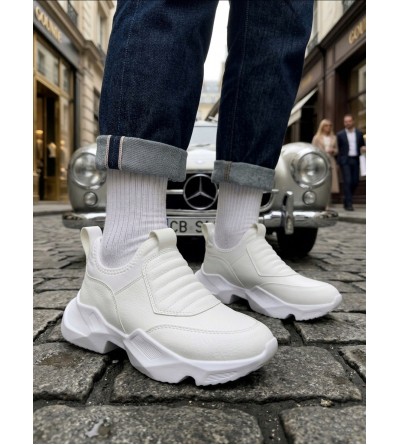 BA0402 Bağcıksız Rahat Yüksek Taban Beyaz Erkek Spor Yarım Bilek Bot