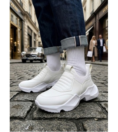 BA0402 Bağcıksız Rahat Yüksek Taban Beyaz Erkek Spor Yarım Bilek Bot