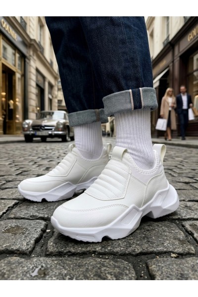 BA0402 Bağcıksız Rahat Yüksek Taban Beyaz Erkek Spor Yarım Bilek Bot