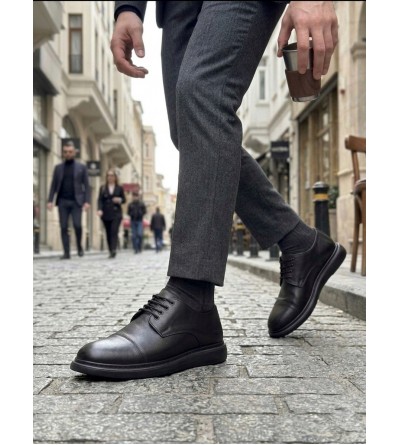 BA0003 Siyah Kapaklı Burun Bağcıklı Erkek Oxford Ayakkabı