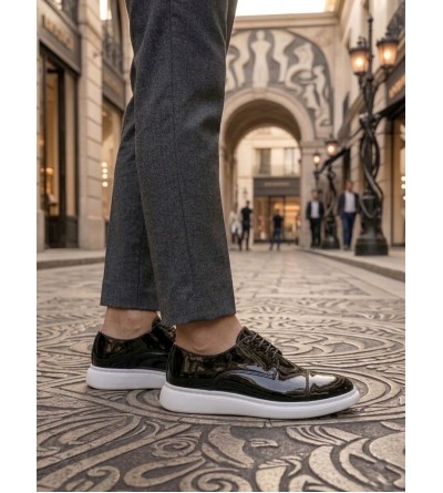 BA0003 Siyah Kapaklı Burun Bağcıklı Rugan Beyaz Taban Erkek Oxford Ayakkabı