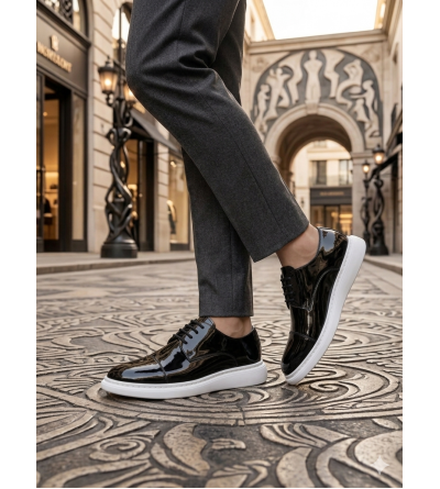 BA0003 Siyah Kapaklı Burun Bağcıklı Rugan Beyaz Taban Erkek Oxford Ayakkabı