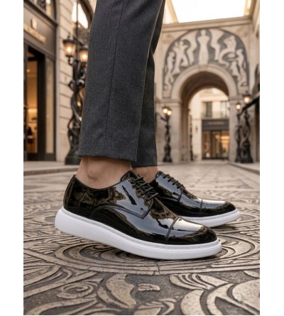 BA0003 Siyah Kapaklı Burun Bağcıklı Rugan Beyaz Taban Erkek Oxford Ayakkabı