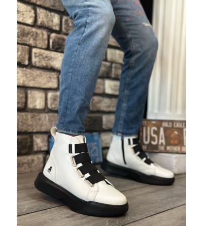 BA0142 Bantlı Erkek Yüksek Taban Beyaz Siyah Spor Bot BA0142 Bantlı Erkek Yüksek Taban Beyaz Siyah Spor Bot