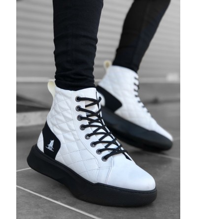 BA0159 Bağcıklı Beyaz Kapitone Siyah Taban Erkek Yüksek Taban Spor Bot BA0159 Bağcıklı Beyaz Kapitone Siyah Taban Erkek Yüksek Taban Spor Bot