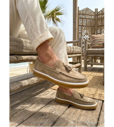 BA0250 %100 İçi Dışı Hakiki Deri Erkek Bej Süet Casual Loafer Püskül Detaylı Kauçuk Rahat Taban Dikişli Ayakkabı