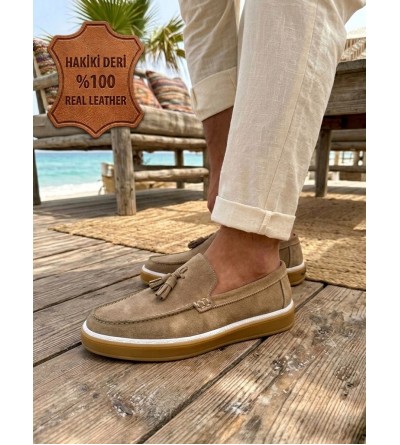 BA0250 %100 İçi Dışı Hakiki Deri Erkek Bej Süet Casual Loafer Püskül Detaylı Kauçuk Rahat Taban Dikişli Ayakkabı