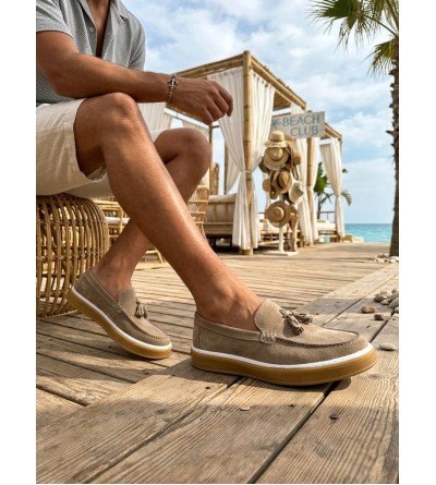 BA0250 %100 İçi Dışı Hakiki Deri Erkek Bej Süet Casual Loafer Püskül Detaylı Kauçuk Rahat Taban Dikişli Ayakkabı