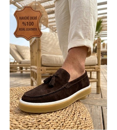 BA0250 %100 İçi Dışı Hakiki Deri Erkek Kahverengi Süet Casual Loafer Püskül Detaylı Kauçuk Rahat Taban Dikişli Ayakkabı