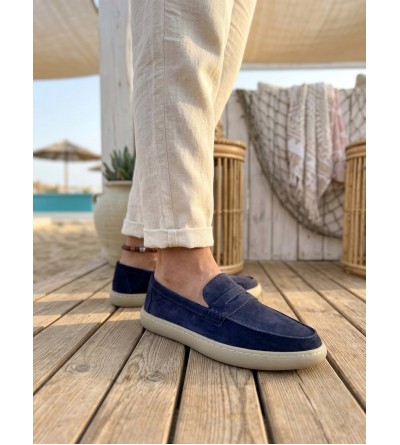 BA0251 %100 İçi Dışı Hakiki Deri Erkek Lacivert Süet Casual Loafer Kauçuk Rahat Taban Dikişli Ayakkabı