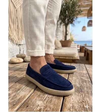 BA0251 %100 İçi Dışı Hakiki Deri Erkek Lacivert Süet Casual Loafer Kauçuk Rahat Taban Dikişli Ayakkabı