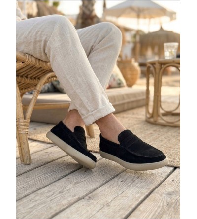 BA0251 %100 İçi Dışı Hakiki Deri Erkek Siyah Süet Casual Loafer Kauçuk Rahat Taban Dikişli Ayakkabı