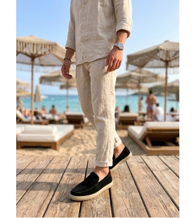 BA0251 %100 İçi Dışı Hakiki Deri Erkek Siyah Süet Casual Loafer Kauçuk Rahat Taban Dikişli Ayakkabı