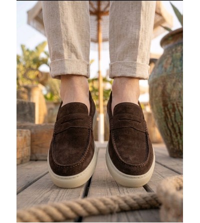 BA0251 %100 İçi Dışı Hakiki Deri Erkek Kahverengi Süet Casual Loafer Kauçuk Rahat Taban Dikişli Ayakkabı