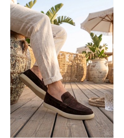 BA0251 %100 İçi Dışı Hakiki Deri Erkek Kahverengi Süet Casual Loafer Kauçuk Rahat Taban Dikişli Ayakkabı