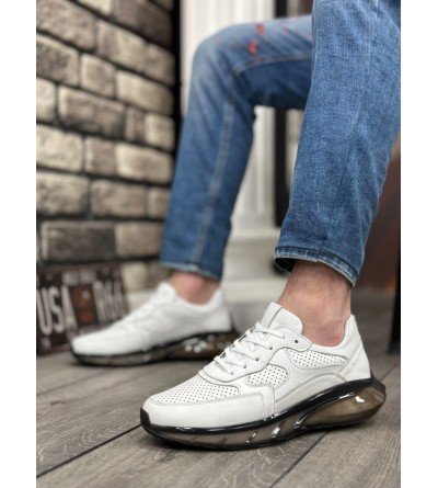 BA0324 İçi Dışı Hakiki Deri Rahat Taban Beyaz Sneakers Casual Erkek Ayakkabı