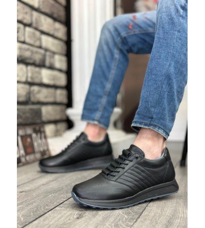 BA0325 İçi Dışı Hakiki Deri Gizli Bağcık Rahat Taban Siyah Sneakers Casual Erkek Ayakkabı