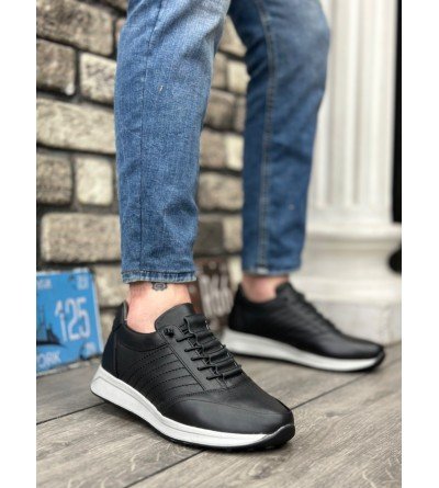 BA0325 İçi Dışı Hakiki Deri Gizli Bağcık Rahat Taban Siyah Sneakers Casual Erkek Ayakkabı