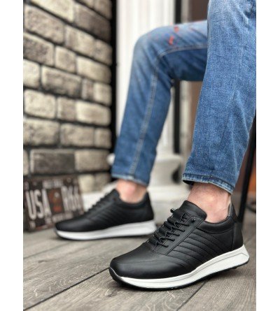 BA0325 İçi Dışı Hakiki Deri Gizli Bağcık Rahat Taban Siyah Sneakers Casual Erkek Ayakkabı